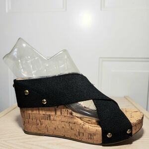 Montegobay Club Black Elastic Criss Cross Stud Accent Straps Cork Wedges Sz 7.5